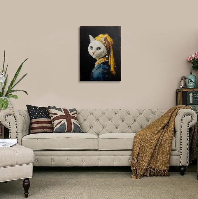 Vintage Style Cat Canvas Wall Art Framed Painting Whimsical Portrait with Pearl Earring Blue Eyes Yellow Headscarf Humorous Animal Wall Decor Artwork for Living Room Bathroom 16x24 Inches