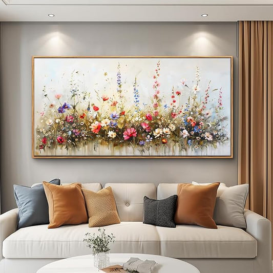 hyidecorart Wood Framed Canvas Print Wall Art Living Room Boho Wall Decor For Bedroom Farmhouse Pastel Watercolor Wild flowers Nature Field Landscape Wall Paintings Pictures Office Wall Art Decor