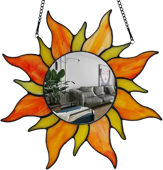 HolliveeyTiffany Style Stained Glass Window Panel with Mirror, for New Year's New House Decoration Hangings， 12 inches Sun Mirror Decorative,Wall-Mounted Mirrors，Fashion Gifts
