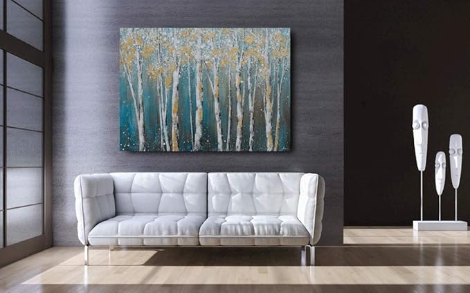 Yihui Arts Canvas Wall Art White Grey Birch Trees Branches Painting Gold Foil Leaves Pictures, Modern One Framed Large Size for Living Room Bedroom Home Office Decor