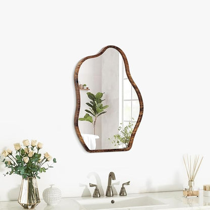 Small Asymmetrical Irregular Wall Mirror Wood Frame Mirror Unique Modern Wall-Mounted Artistic Cloud Shape Mirror Decor for Bathroom Bedroom Living Room Entryway Hallway Vanity