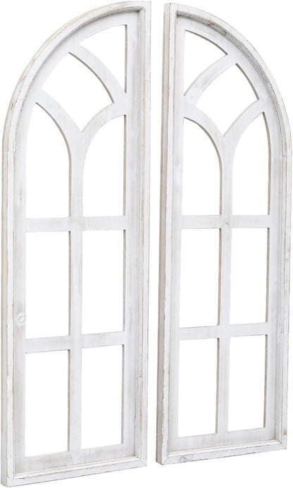 SwallowLiving Set of 2 Cathedral Arch Window Frame Wall Decor - 36" Large Rustic Farmhouse Wood Wall Art - Distressed White Architectural Hanging for Living Room, Entryway & Mantel (NO WREATH)
