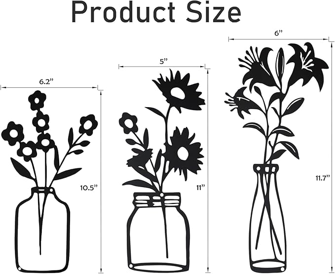 QZGXDECO Black Metal Flower Wall Decor,Metal Vase Wall Art,Minimalist Floral Wall Sculptures,Hanging Decor for Kitchen Dining Room Living Room Bathroom Bedroom(11.5'' X 3PCS)