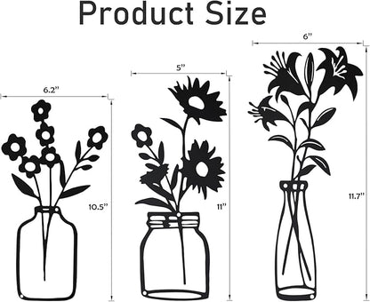 QZGXDECO Black Metal Flower Wall Decor,Metal Vase Wall Art,Minimalist Floral Wall Sculptures,Hanging Decor for Kitchen Dining Room Living Room Bathroom Bedroom(11.5'' X 3PCS)