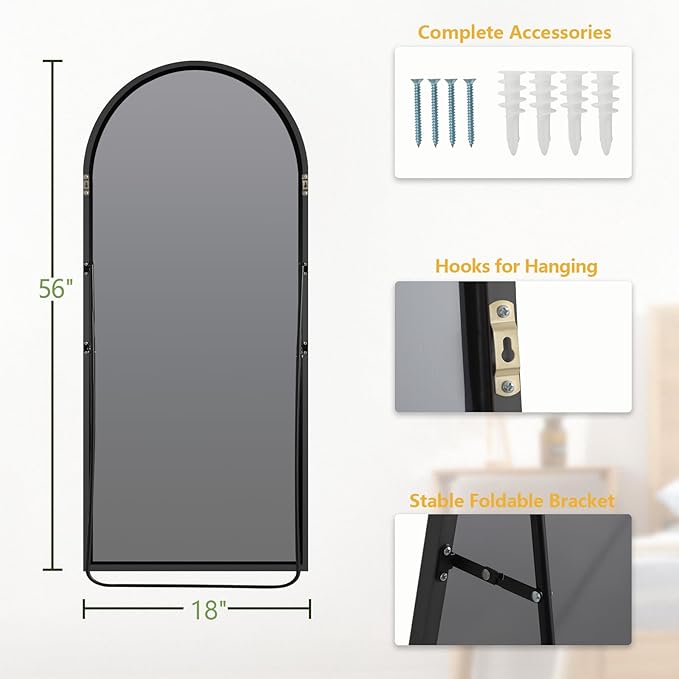 MELOMOIR 56"x18" Arched Full Length Mirror, Black Floor Mirror for Bedroom, Living Room, Gym, Dorm