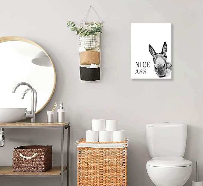 Funny Donkey Posters, Nice Ass Pictures, Funny Animal Paintings Artwork, Bathroom Black And White Paintings Wall Art, Toilet Black & White Wall Art Wall Decor, Art Prints For Bathroom Toilet 12x16 Inches. Unframed