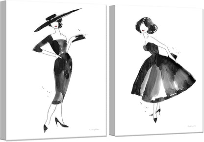 2 Pieces Fashion Women Canvas Wall Art Trendy Models Painting Black and White Funky Poster Pictures Framed Artwork for Bedroom Bathroom Makeup Room Decor 12"x16" (30cmx40cm)