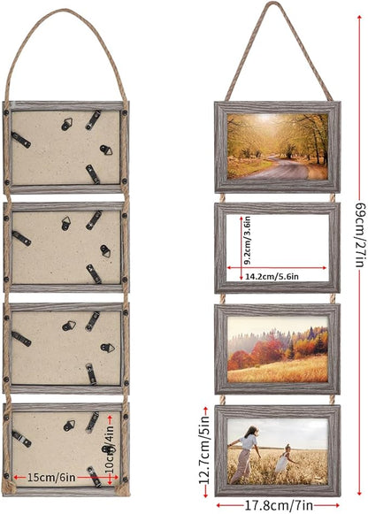 Lavezee 4x6 Hanging Collage Picture Frame Set, Rustic 8 Opening Horizontal Frames Display 4 by 6 Photos Prints for Wall Decor