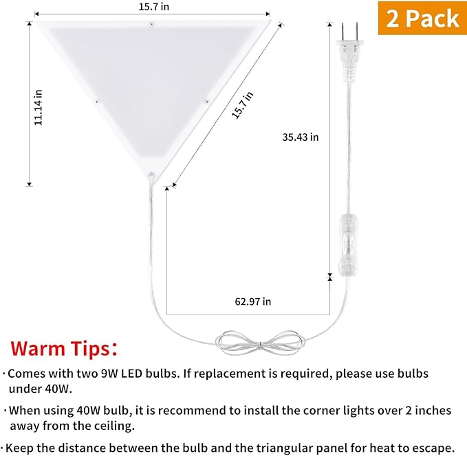 2 Pack Corner Light with 9W LED Bulb and Remote, 3 Color Temperature Corner Lamp, Dimmable Plug in Pendant Light with Acrylic Shade, Plug in Ceiling Light for Living Room, Bedroom