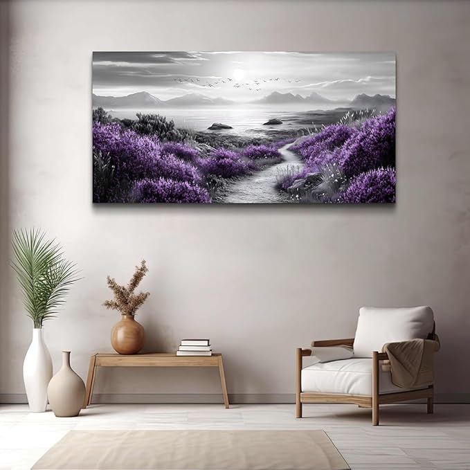 FUHAIHUA Large Wall Decor For Living Room Canvas Wall Art For Office Wall Decorations For Bedroom purple flowers Landscape Painting Black and white Pictures Artwork Room Home Decor 24x48 In