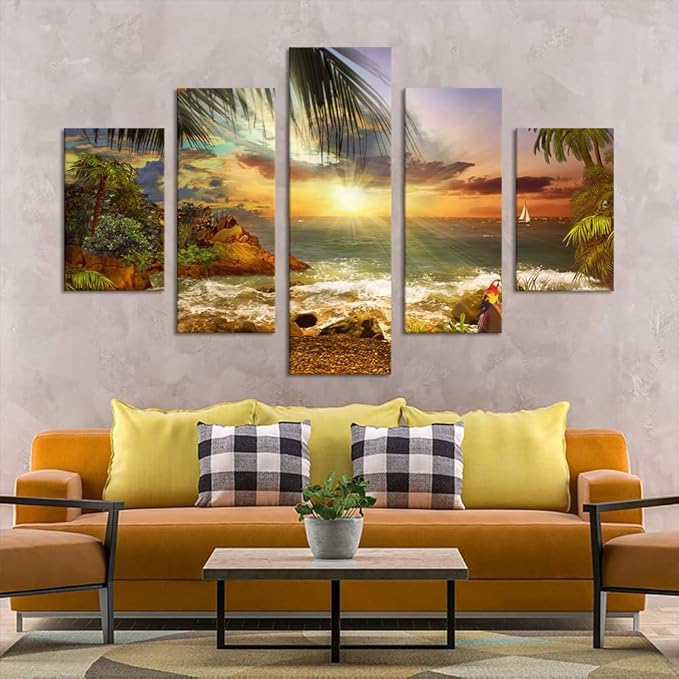 Yatsen Bridge Beautiful Beach Waves Palm Sunset Landscape Modern Pictures Painting on Canvas 5 Panels Combination Enlarge Set for Wall Art Living Room Home Decor Framed Stretched (60''W x 40''H)