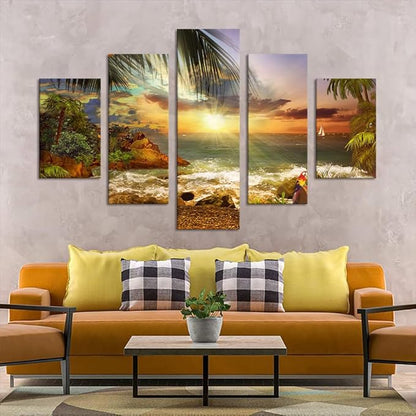 Yatsen Bridge Beautiful Beach Waves Palm Sunset Landscape Modern Pictures Painting on Canvas 5 Panels Combination Enlarge Set for Wall Art Living Room Home Decor Framed Stretched (60''W x 40''H)