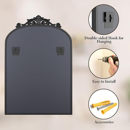 Koonmi Vintage Mirror, 24x36 Antique Barolon Bathroom Mirror for Wall,Flower Head, Shatter-Proof Tempered Glass, Arched Ornate Mirrors for Bedroom Bathroom Entryway Fireplace Hallway