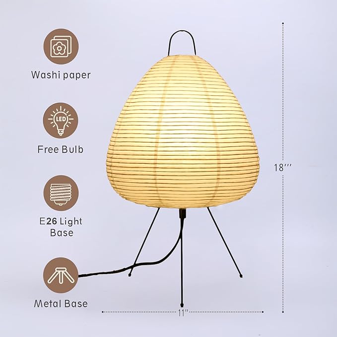 Japanese Noguchi Inspired Table Lamp Zen Rice Paper Lantern with Warm Light for Bedroom Living Room or Office Modern Japandi Decor (Teardrop)