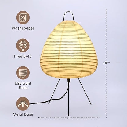 Japanese Noguchi Inspired Table Lamp Zen Rice Paper Lantern with Warm Light for Bedroom Living Room or Office Modern Japandi Decor (Teardrop)