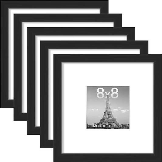 upsimples 8x8 Picture Frame Set of 5, Display Pictures 4x4 with Mat or 8x8 Without, Wall Gallery Poster Frames, Black
