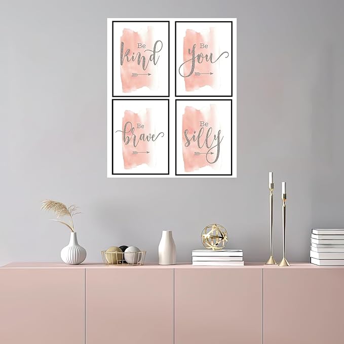 Set of 4 Teen Girl Wall Art Canvas Painting Be Kind Inspirational Quote Print Blush Grey Wall Picture Nordic Poster for Girls Bedroom Decor Home Living Room
