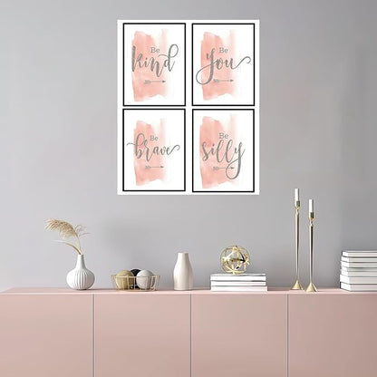 Set of 4 Teen Girl Wall Art Canvas Painting Be Kind Inspirational Quote Print Blush Grey Wall Picture Nordic Poster for Girls Bedroom Decor Home Living Room