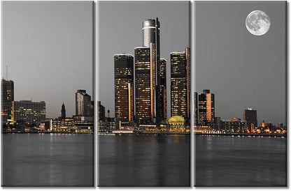 TUMOVO Wall Decor Detroit Downtown Skyline Wall Art Beautiful City Skyline Pictures Wall Decor for Living Room 3 Piece Skyscrapers Contemporary Home Decor Framed Ready to Hang (60" Wx40 H)