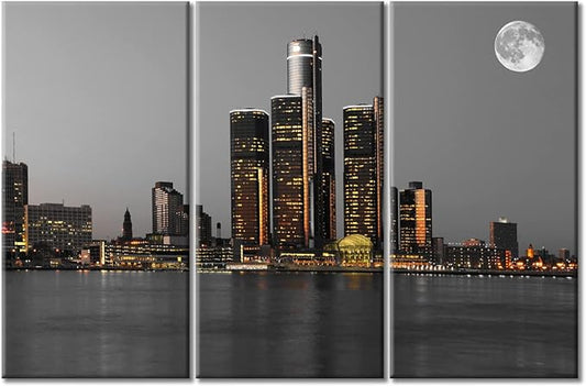 TUMOVO Wall Decor Detroit Downtown Skyline Wall Art Beautiful City Skyline Pictures Wall Decor for Living Room 3 Piece Skyscrapers Contemporary Home Decor Framed Ready to Hang (60" Wx40 H)