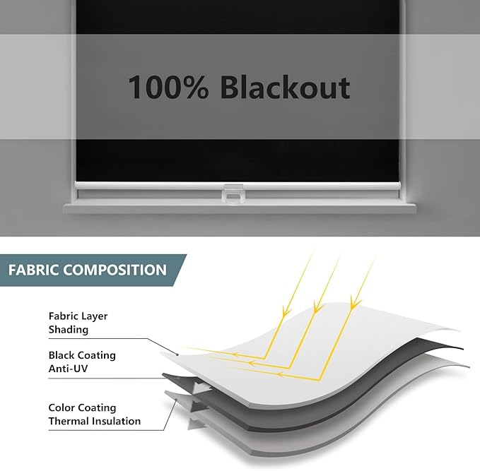 AOSKY Cordless Roller Shades Blackout Blinds for Windows Room Darkening Rolled Up Shades with Spring System, UV Protection Window Shades Door Blinds for Home and Office (31.5" W x 72" H, Black)
