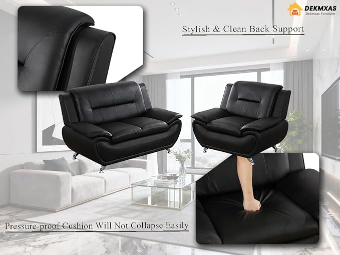 Living Room Sofa Sets, Living Room Furniture Sets, Black Leather Loveseat and Chair for Apartment, Minimalist Style Material, Easy Assembly