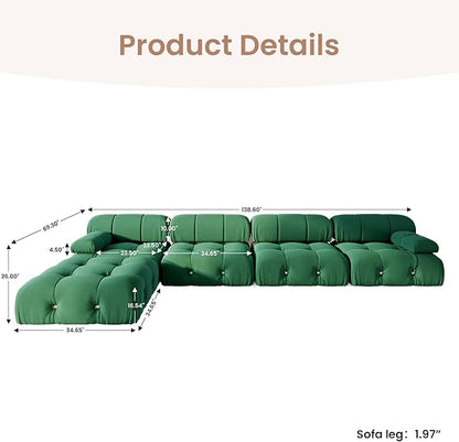 138'' Modular Sectional Couch, L-Shaped Velvet Sofa with Reversible Chaise Ottoman, Minimalist Bubble Couch, Modern Green Sectional Couches for Living Room, Apartment (4 Seats, 1 Ottoman, Green)