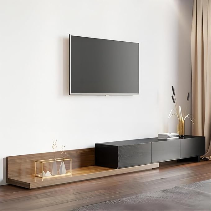 homary Wood Extendable TV Stand Rectangle Entertainment Center Media Console with 3-Drawer (Black & Walnut)