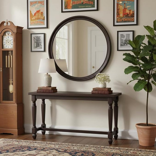 Round Mirrors 36 Inch,Rustic Decorative Transitional Dark Walnut Wall Mirror with Wood Grain for Bathroom,Farmhouse Hanging Vanity Mirror for Entryway Living Room or Bedroom