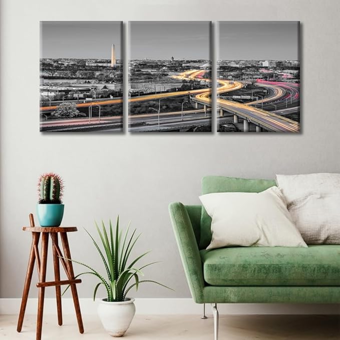 3 Pieces Washington DC Skyline Wall Decor for Living Room American Cityscape Artwork Wall Decor for Bedroom Giclee Wooden Framed Gallery-Wrapped Ready to Hang (36" Wx16 H)