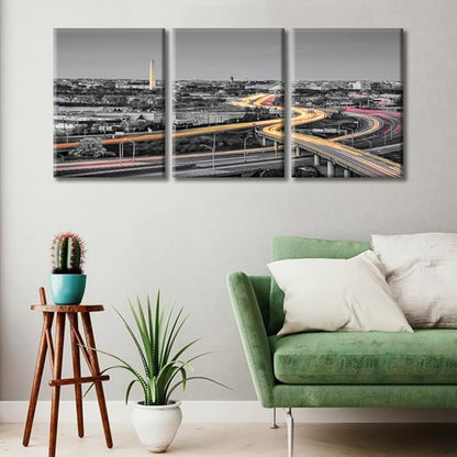 3 Pieces Washington DC Skyline Wall Decor for Living Room American Cityscape Artwork Wall Decor for Bedroom Giclee Wooden Framed Gallery-Wrapped Ready to Hang (36" Wx16 H)