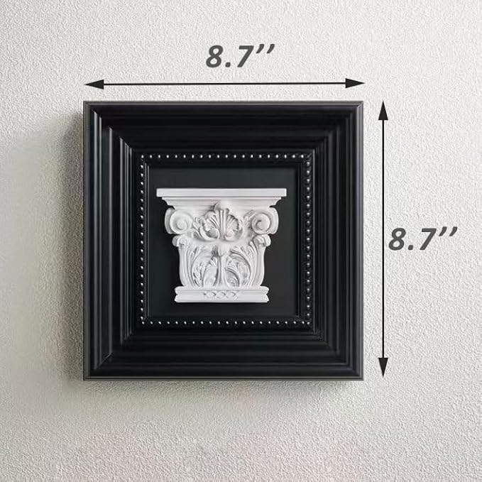 Elegant Black Framed Plaster Wall Art — 3D White Plaster Architectural Accent in Classic Frame, Small Decorative Shelf & Wall Decor for Living Room, Office, Entryway (8.7" x 8.7")