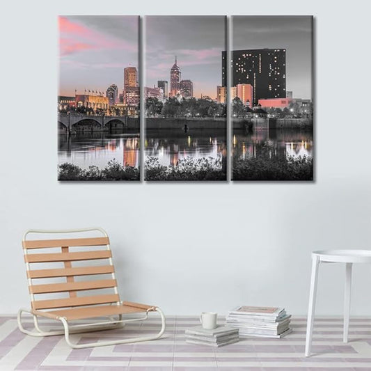 TUMOVO Indianapolis Indiana City Skyline Canvas Paintings Wall Art 3 Panel Skyscrapers Wall Decor for Living Room, Bedroom, Bathroom, Office. House Decor Framed Ready to Hang (36" Wx24 H)