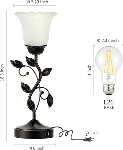 Touch Bedside Lamp with 2 USB Charging Ports, 3-Way Dimmable Nightstand Lamps, White Glass Shade Vintage Rural Leaf Lamp for Living Room Tabletop Bedroom Side Table, LED Bulb Included