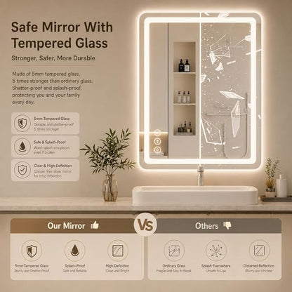 30" x 36" Led Bathroom Mirror with Lights, Anti-Fog & Tri-Color Lighting - Wall Mounted Shaving Mirror with Touch Sensor, Waterproof & Smart LED Vanity Mirror,Tempered Glass, Dimmable Smart Mirror