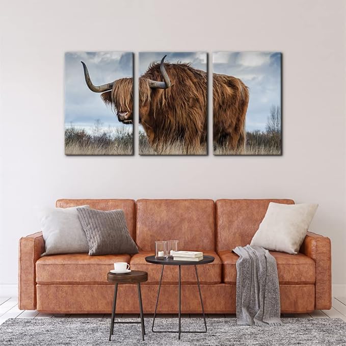 Pacimo 3 Panels Framed Canvas Prints Highland Cattle Wall Art Home Decorations for Living Room Modern Stretched and Framed Animal Pictures Photo Giclee Paintings Ready to Hang - 16"x24"x3 Panels