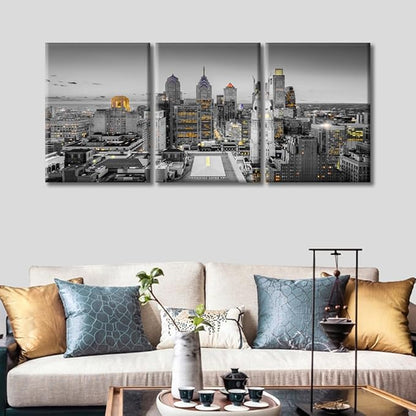 TUMOVO Philadelphia Pennsylvania City Skyline Wall Art for Living Room 3 Piece City Skyscrapers Skyline Landscape Wall Decor Living Room Stretched and Framed Ready to Hang (36" Wx16 H)
