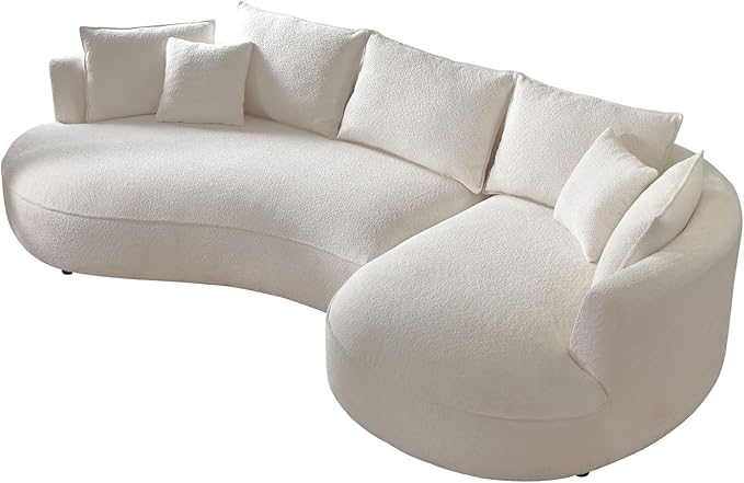 WILLIAMSPACE 124.8" Modern Curved Sofa Couch, Upholstery Boucle Sofa with Pillows, Right Hand Facing Sectional Boucle Fabric Couch for Living Room (Right-Facing,Light Cream)