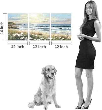 Hardy Gallery Beach Painting Ocean Wall Art: Seascape Artwork Coastal Picture Beach Scene Wall Decor and Seaside Canvas Art for Bedroom Decorations 16"x12"x3panels