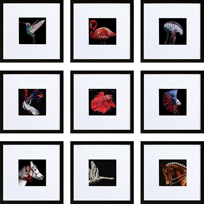 HEART ART 8x8 Black Picture Frame Set of 9,Display Pictures 4x4 with Mat or 8 x 8 without Mat,Multi Collage Gallery Square Photo Frames for Wall or Tabletop