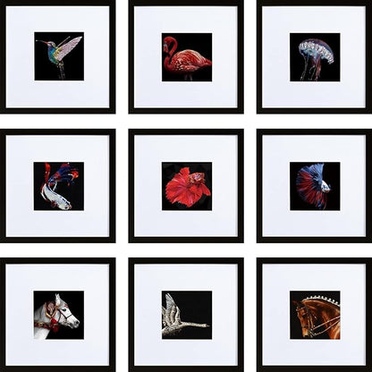 HEART ART 8x8 Black Picture Frame Set of 9,Display Pictures 4x4 with Mat or 8 x 8 without Mat,Multi Collage Gallery Square Photo Frames for Wall or Tabletop