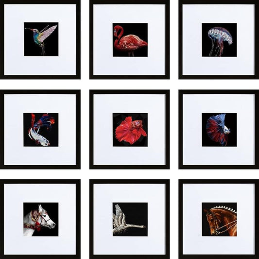 HEART ART 8x8 Black Picture Frame Set of 9,Display Pictures 4x4 with Mat or 8 x 8 without Mat,Multi Collage Gallery Square Photo Frames for Wall or Tabletop