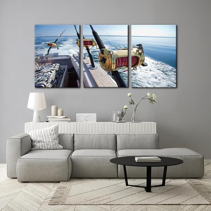 Pacimo 3 Pieces Canvas Wall Art Fishing Reels and Rods Pictures Prints Wall Decor for Living Room Angling Gallery-Wrapped Modern Artwork White Sea Wave Paintings Bedroom House Decor Framed - 20"x28"x3