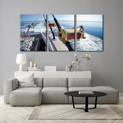 Pacimo 3 Pieces Canvas Wall Art Fishing Reels and Rods Pictures Prints Wall Decor for Living Room Angling Gallery-Wrapped Modern Artwork White Sea Wave Paintings Bedroom House Decor Framed - 20"x28"x3