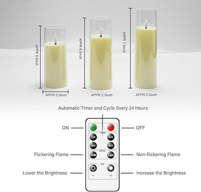 kakoya Flickering Flameless Candles Battery Operated with Remote and 2/4/6/8 H Timer Plexiglass Led Pillar Candles Pack of 9(D2.3 xH5.5 6.5" 7.5") with Realistic 3D Wick Candles for Home Decor(Ivory)
