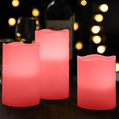 JUNPEI Flameless Led Battery Operated Candles: Flickering Electric Candles 4" 5" 6" Set of 3 Real Wax 10-Key Remote Control with 2/4/6/8-hours Timer Function,Cycling 24 Hours Timer, 300+ Hours (Pink)