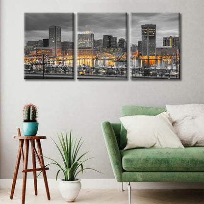 TUMOVO Baltimore City Skyline Canvas Wall Art 3 Panel American Cityscape Pictures Black and White Wall Art Beautiful Cityscape Modern Artwork Wall Decor Framed Ready to Hang (36" Wx16 H)