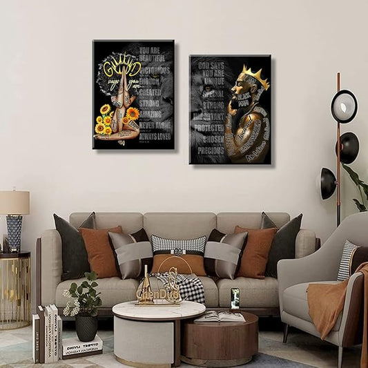 African Black King Queen Framed Canvas Wall Art for African American Man Girls Women Lions Couples Wall Decor Photos Posters Artwork for Living Room Bedroom Bathroom Home Decor
