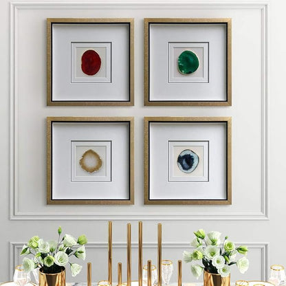 Handmade 15.7"x15.7" Gold Edge Natural Agate Wall Art with Shadow Box Frame Front Glass for Living Room Bedroom Home Decoration
