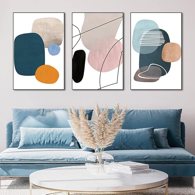 MPLONG Aesthetic Wall Art Large size 24" x 32" x 3 Panels Of Framed Decorative Paintings Abstract Simple Orange White Blue And Other Color Blocks Wall Art Canvas Prints Nature Home Decor